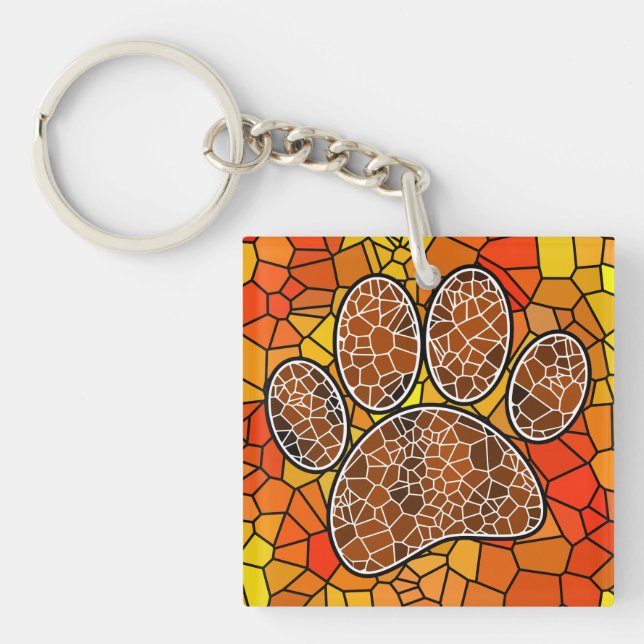 Colourful Mosaic Art Dog Paw Print Keychain (Front)