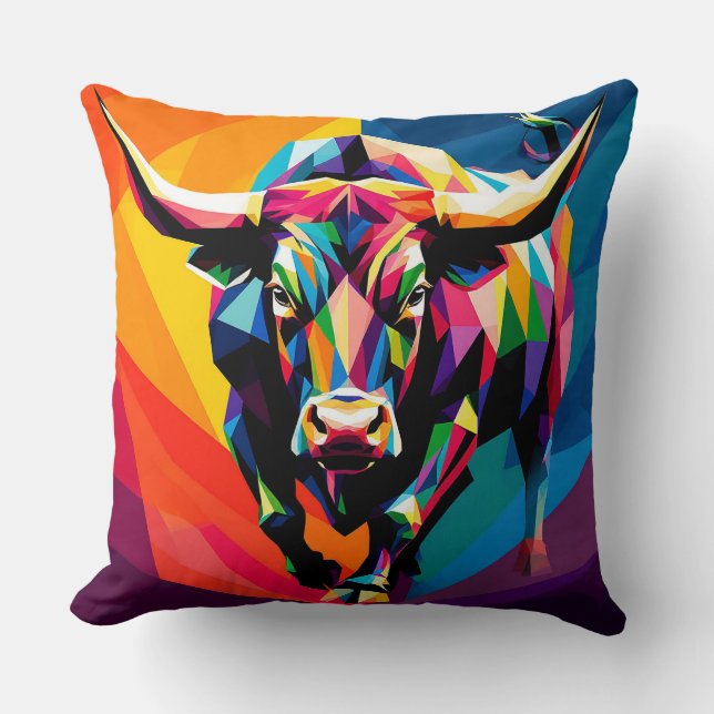 Colourful Mosaic Bull Throw Pillow (Front)