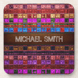 Colourful Mosaic Burlap Elegant Leather Look #10 Coaster