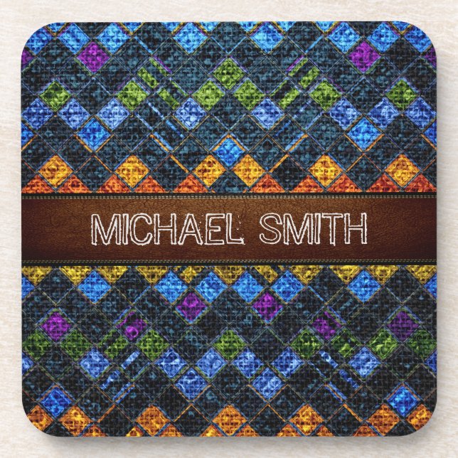 Colourful Mosaic Burlap Elegant Leather Look #9 Coaster (Front)