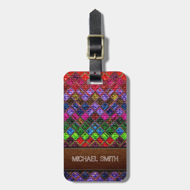 Colourful Mosaic Burlap Elegant Leather Look Luggage Tag (Front Vertical)