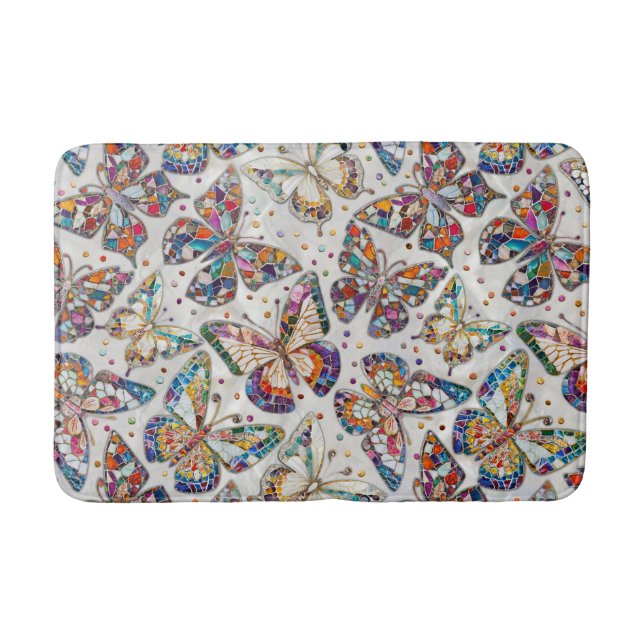 Colourful Mosaic Butterfly pattern on pearl Bath Mat (Front)