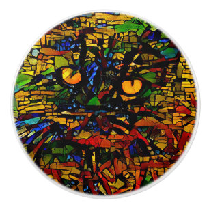 Colourful Mosaic Cat Art Prin Ceramic Knob