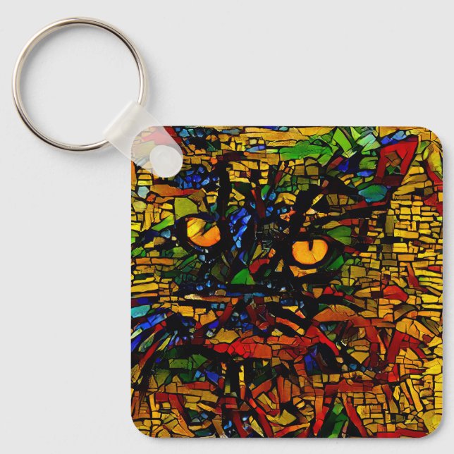 Colourful Mosaic Cat Art Prin Keychain (Front)