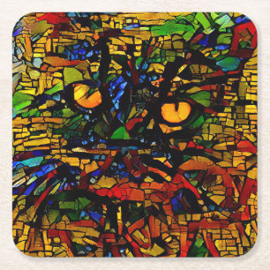 Colourful Mosaic Cat Art Prin Square Paper Coaster