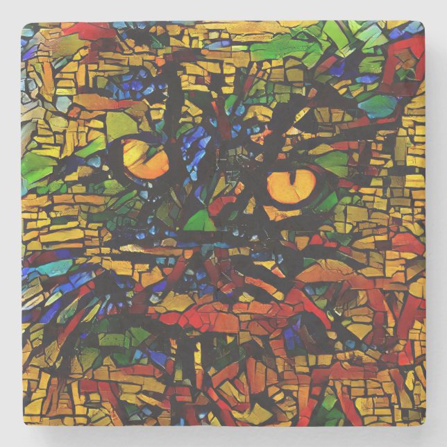 Colourful Mosaic Cat Art Prin Stone Coaster (Front)