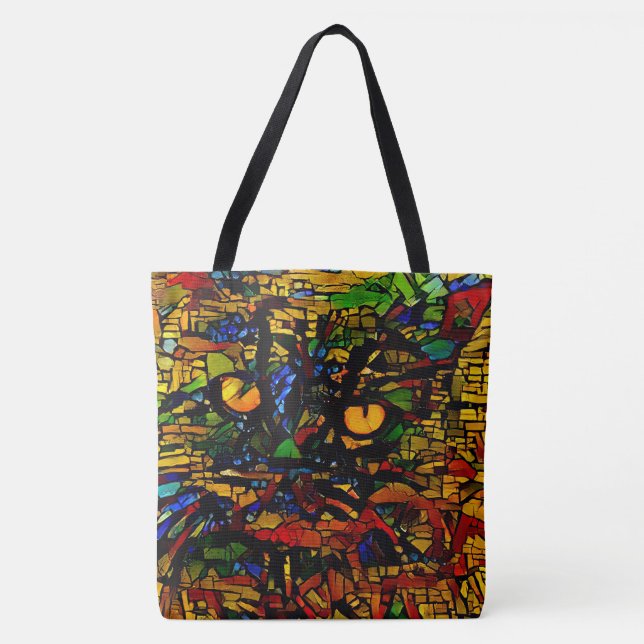 Colourful Mosaic Cat Art Prin Tote Bag (Front)