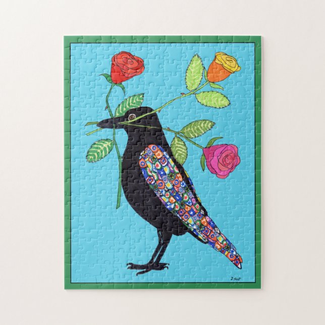 Colourful Mosaic Crow Raven Bird Roses Unique Boho Jigsaw Puzzle (Vertical)