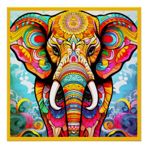 Colourful Mosaic Elephant on a Glossy Wall Poster