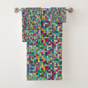 Colourful mosaic, geometric squares pattern bath towel set
