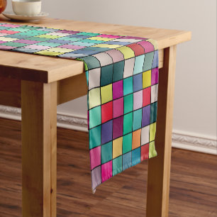 Colourful mosaic, geometric squares pattern short table runner