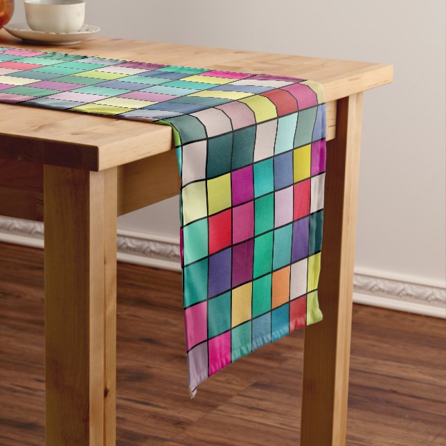 Colourful mosaic, geometric squares pattern short table runner (In Situ)