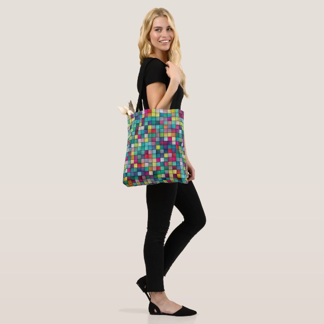 Colourful mosaic geometric squares pattern tote bag (On Model)