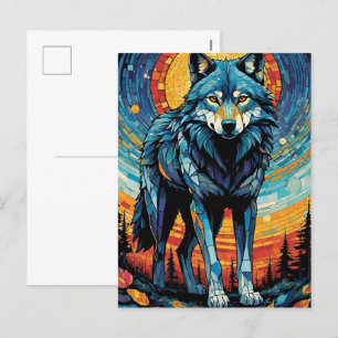 Colourful Mosaic Illustration of Majestic Wolf Holiday Postcard