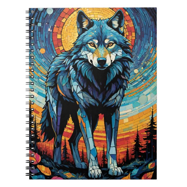 Colourful Mosaic Illustration of Majestic Wolf Notebook (Front)