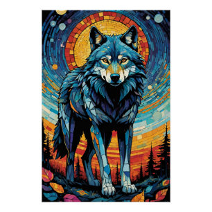 Colourful Mosaic Illustration of Majestic Wolf Poster