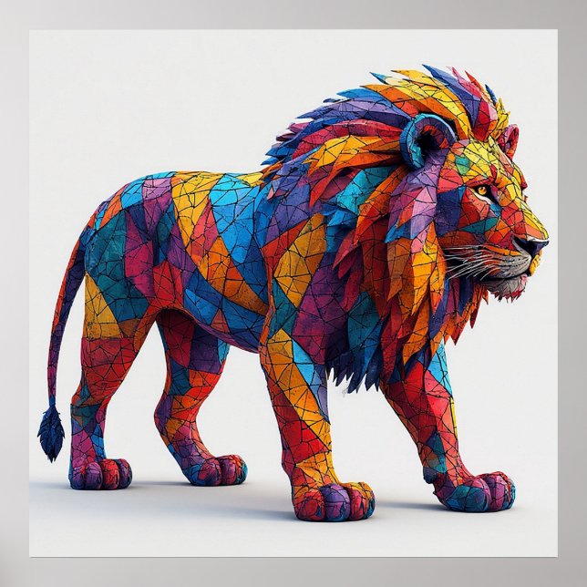 Colourful Mosaic Lion Sculpture Poster (Front)