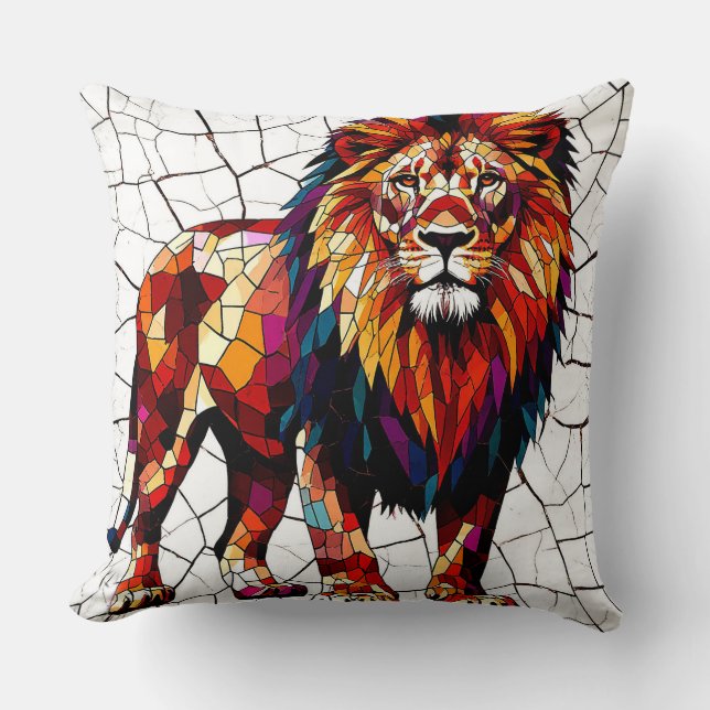 Colourful Mosaic Lion Sculpture Throw Pillow (Front)