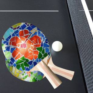Colourful Mosaic Red Flower Ping Pong Paddle