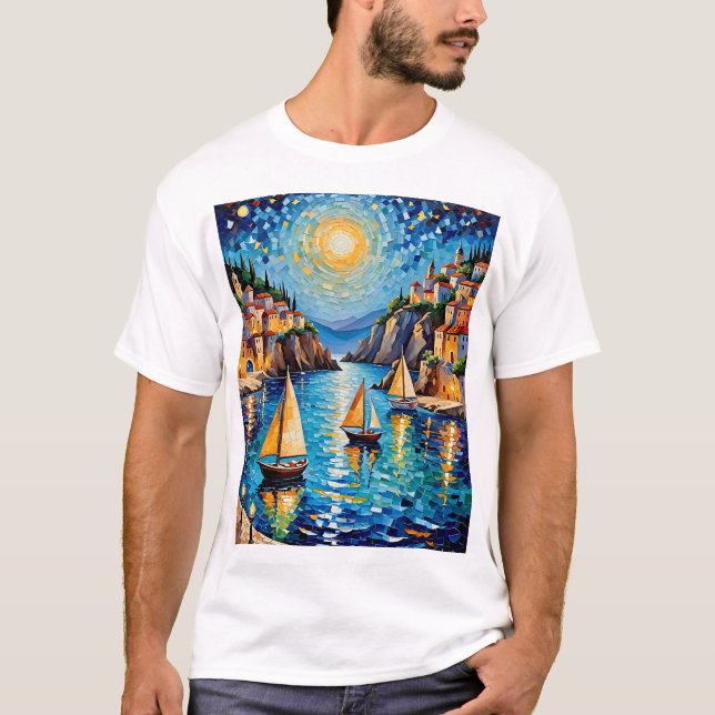 Colourful Mosaic Sailing Mediterranean Sunset Tee (Front)