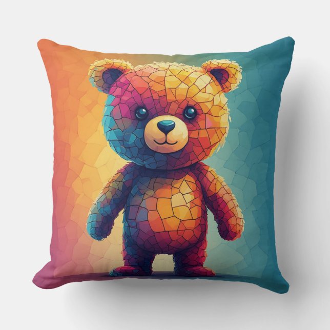 Colourful Mosaic Teddy Bear Throw Pillow (Front)