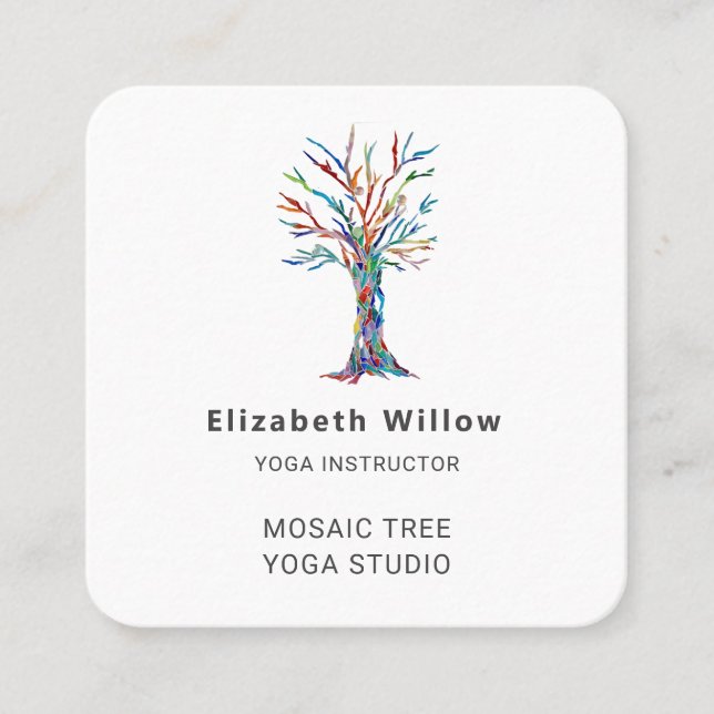 Colourful Mosaic Tree Yoga Studio Square Business Card (Front)