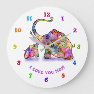 Colourful Mother and Baby Elephant - Add Your Text Large Clock