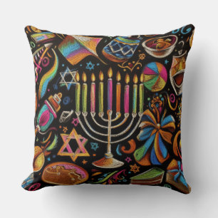 Colourful Motifs Hanukkah Menorah Throw Pillow