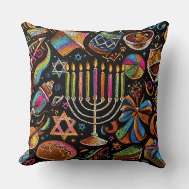 Colourful Motifs Hanukkah Menorah Throw Pillow (Front)