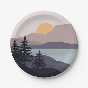 Colourful Mountain lake sunrise landscape Paper Plate