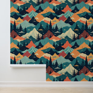 Colourful Mountain Landscape with Pine Trees Wallpaper