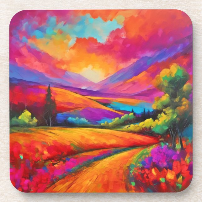 Colourful Mountain Sunset Landscape Painting Coaster (Front)