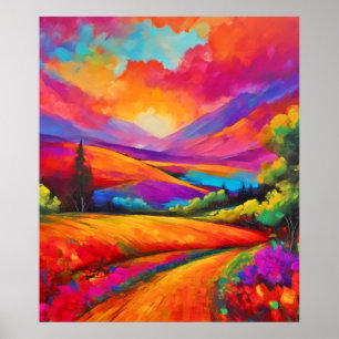 Colourful Mountain Sunset Landscape Painting Poster