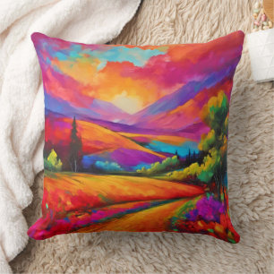 Colourful Mountain Sunset Landscape Painting Throw Pillow