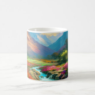 Colourful Mountain Valley, Flowers and River Poste Coffee Mug