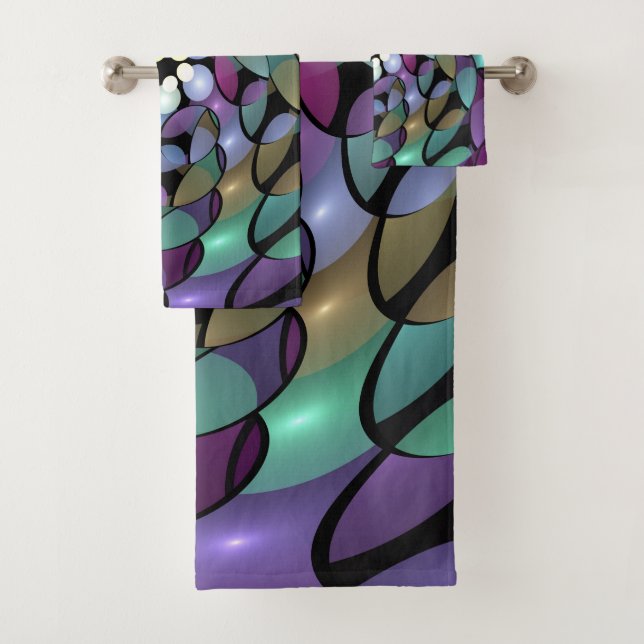 Colourful Movements Abstract Trippy Fractal Art Bath Towel Set (Insitu)