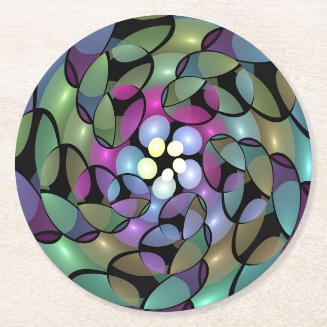 Colourful Movements Abstract Trippy Fractal Art Round Paper Coaster (Front)