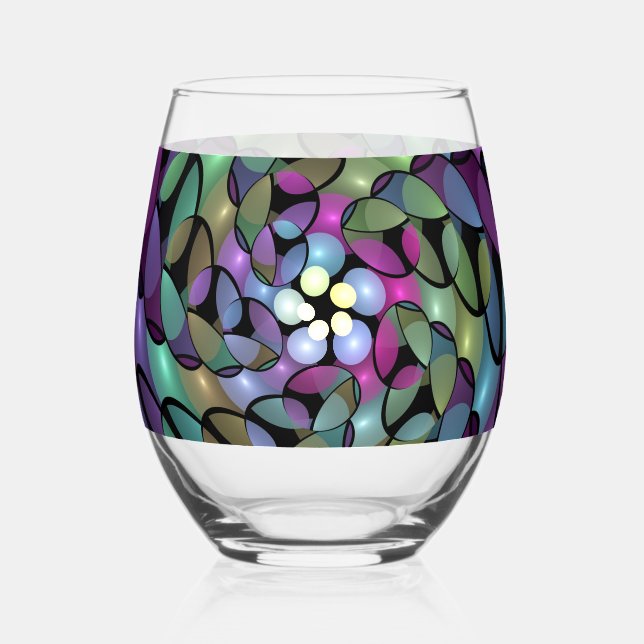 Colourful Movements Abstract Trippy Fractal Art Stemless Wine Glass (Front)