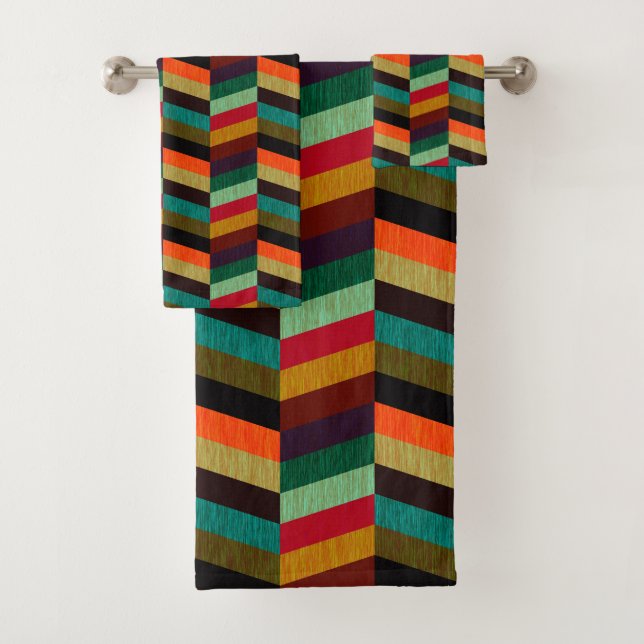 Colourful Multi-Coloured Herringbone Pattern Bath Towel Set (Insitu)