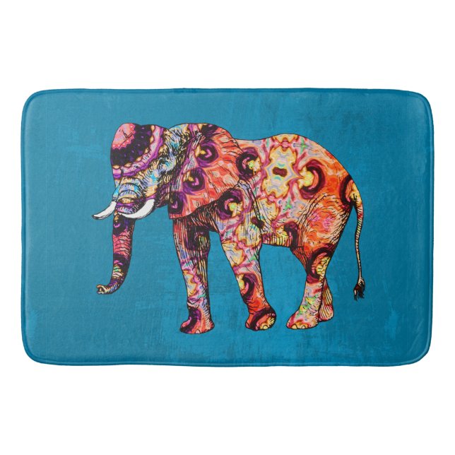 Colourful Multicolored Elephant on Blue Background Bath Mat (Front)