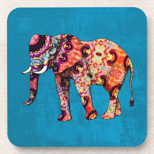 Colourful Multicolored Elephant on Blue Background Coaster (Front)