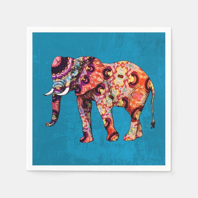 Colourful Multicolored Elephant on Blue Background Napkin (Front)