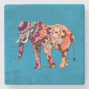 Colourful Multicolored Elephant on Blue Background Stone Coaster