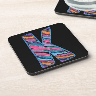 Colourful Multicolored Letter K as in Kay on Black Coaster