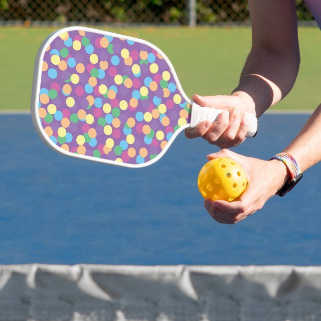 Colourful Multicolored Polka-Dots Pattern on Purpl Pickleball Paddle (Insitu)
