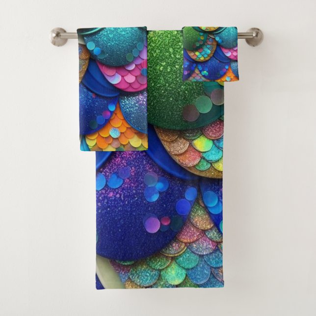 Colourful Multicolored Rainbow Mermaid Tail Print Bath Towel Set (Insitu)