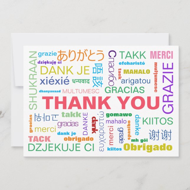 Colourful Multilingual  Typography Flat Thank You Card (Front)
