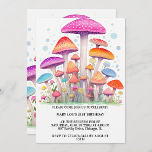 Colourful Mushroom Forest Art Birthday Party Invitation