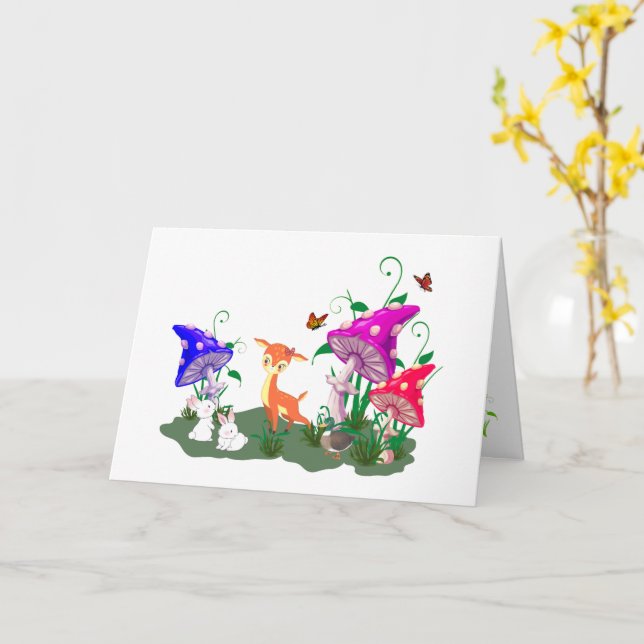 Colourful Mushroom & Forest Friends Greeting Card (Yellow Flower)