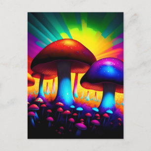 Colourful mushroom forest postcard